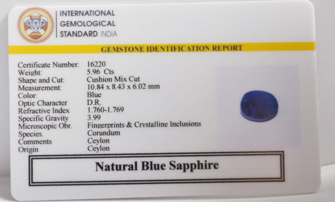 BLUE SAPPHIRE 5.96 Ct. BLUE SAPPHIRE 5.96 Ct.