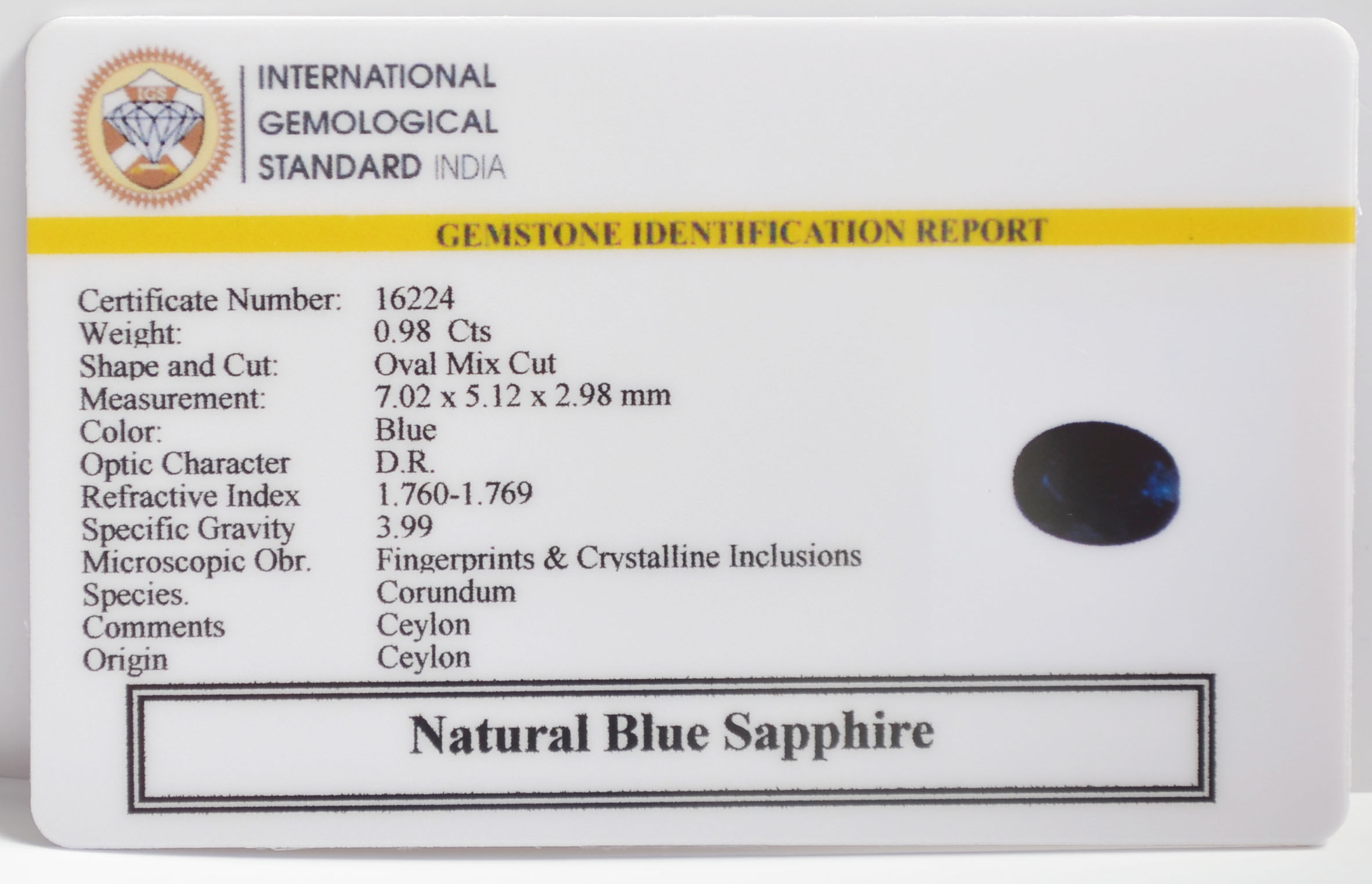 BLUE SAPPHIRE 0.98 Ct. BLUE SAPPHIRE 0.98 Ct.