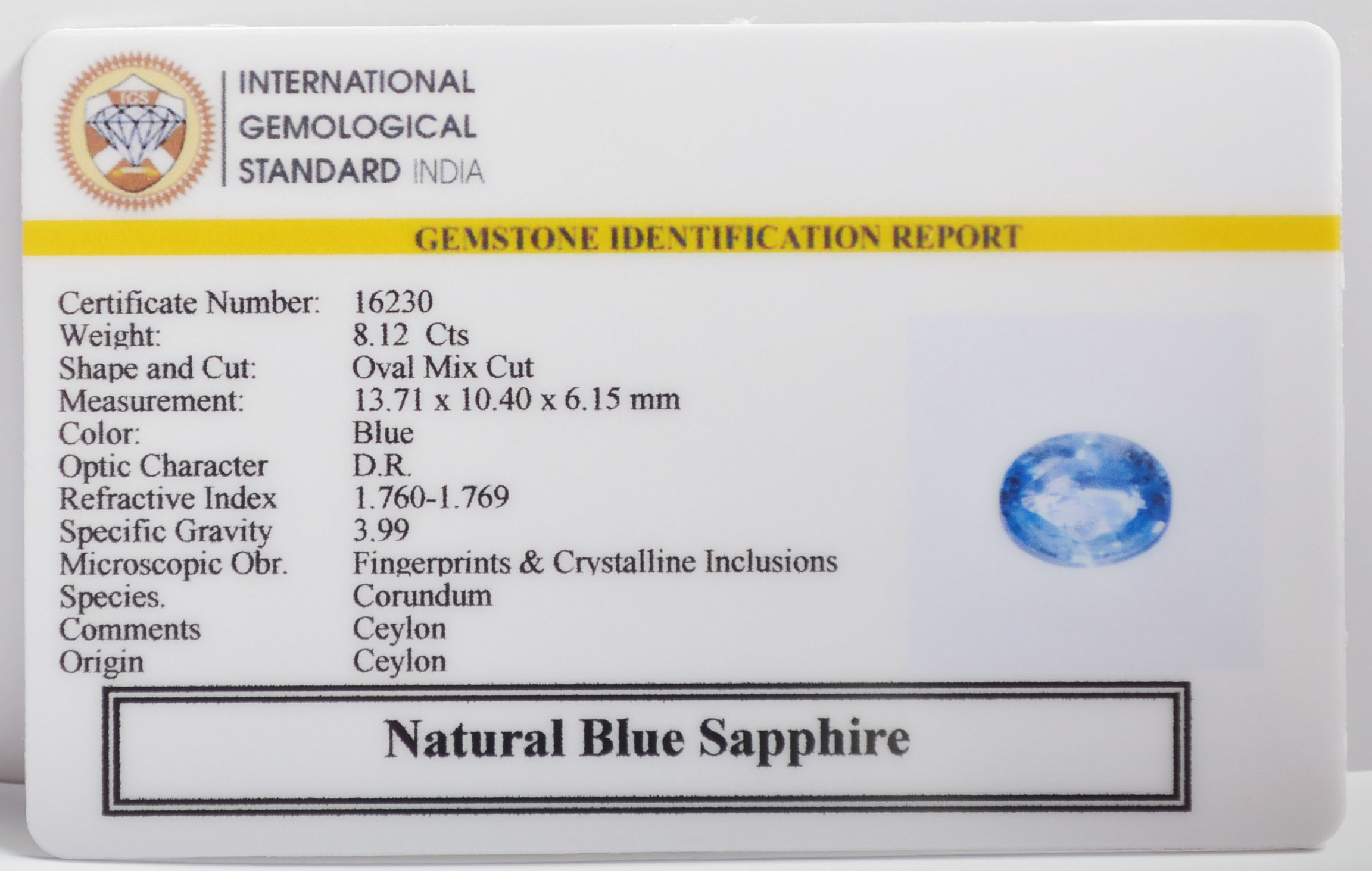 BLUE SAPPHIRE 8.12 Ct.