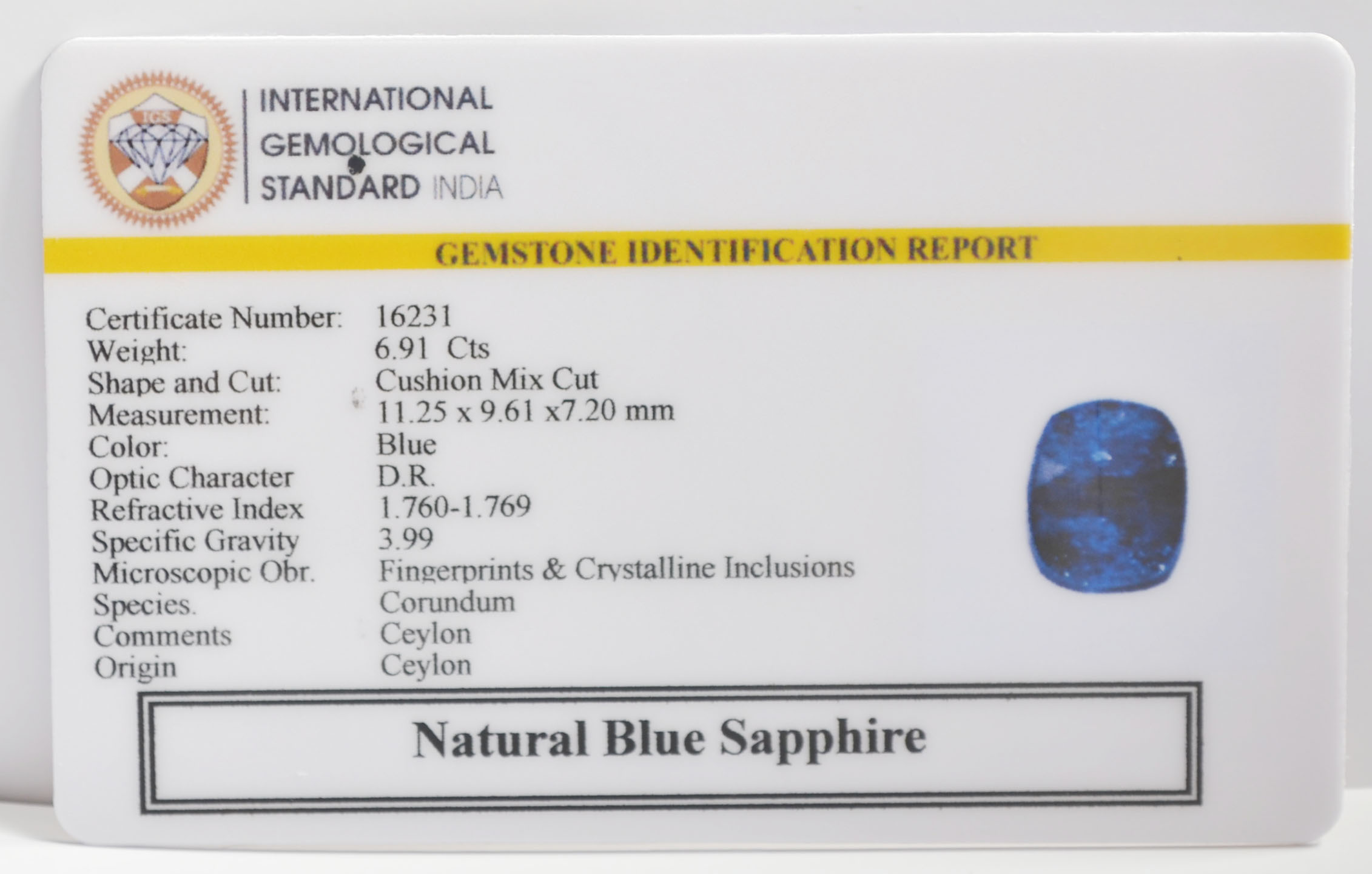 BLUE SAPPHIRE 6.91 Ct.