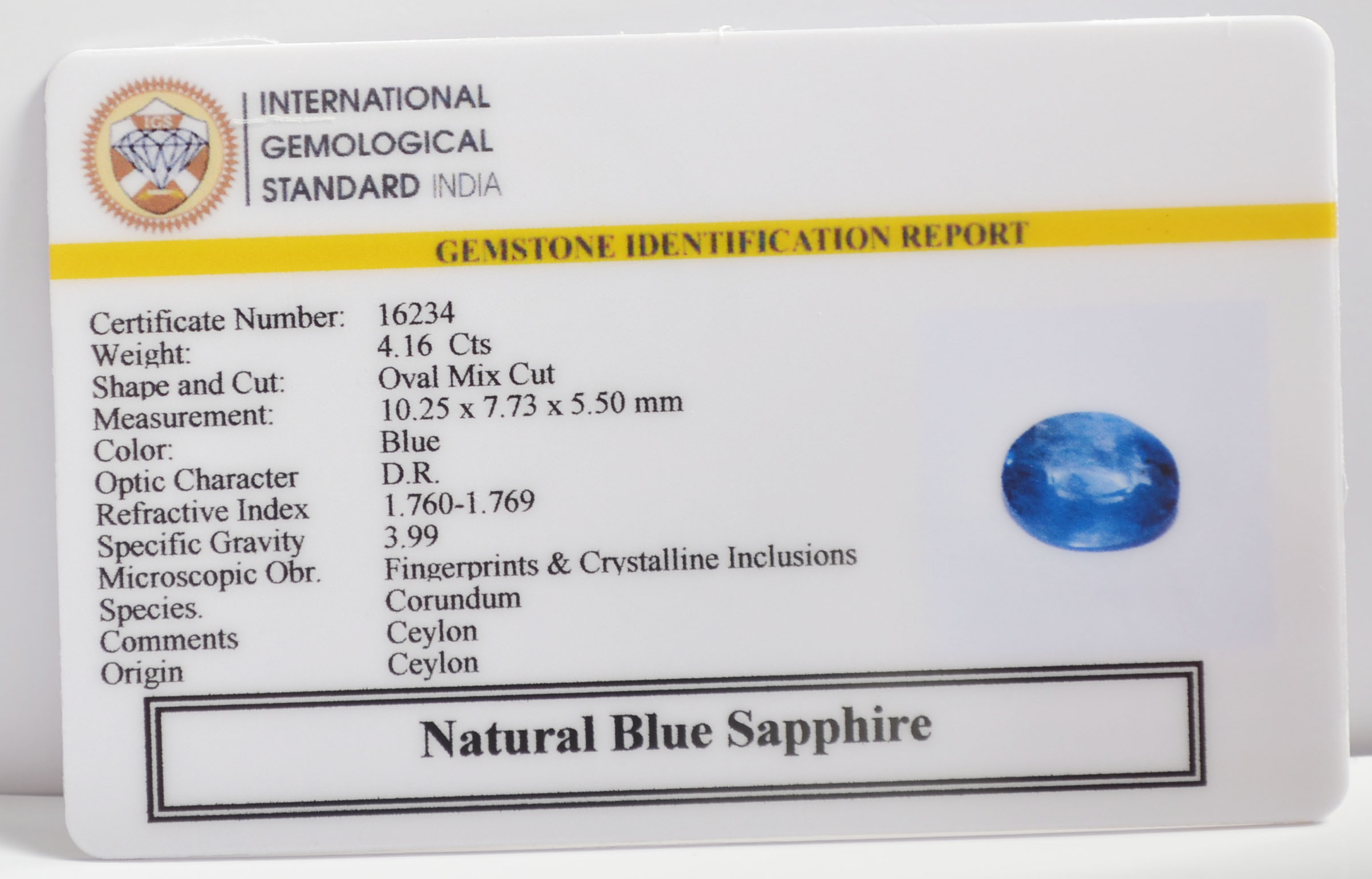 BLUE SAPPHIRE 4.16 Ct.