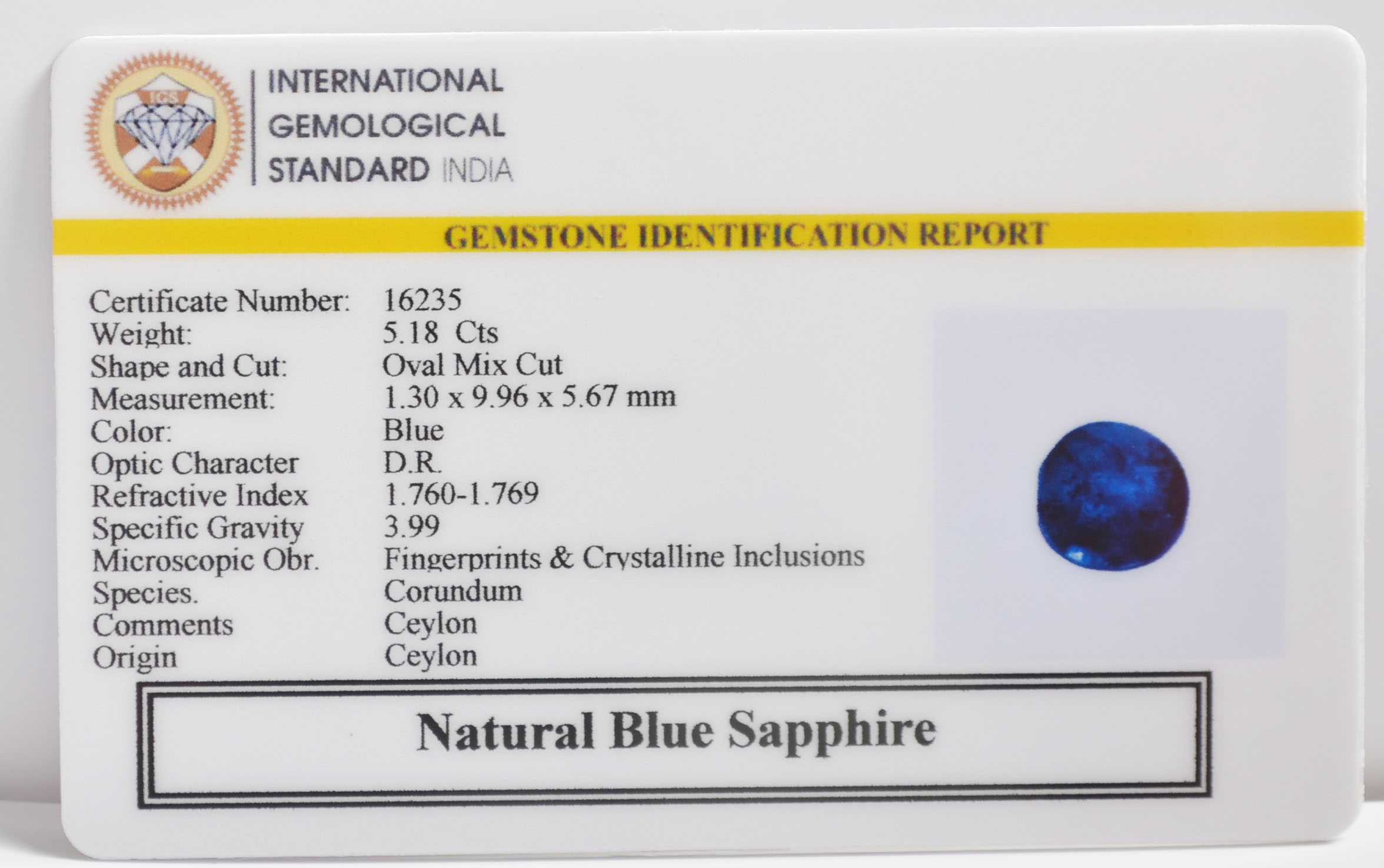 BLUE SAPPHIRE 5.18 Ct.
