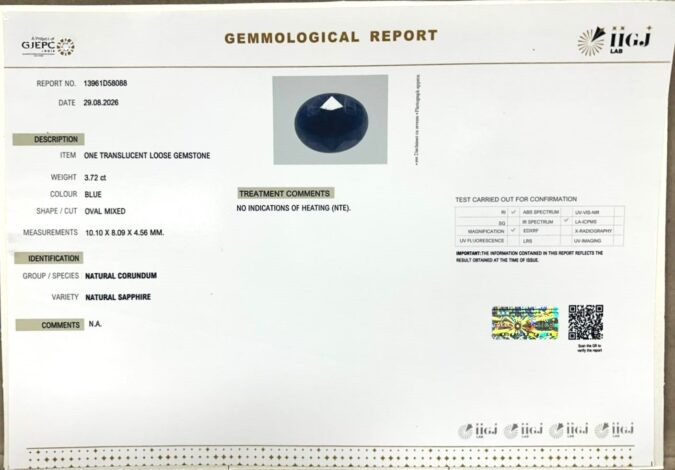 BLUE SAPPHIRE 3.72 Ct.