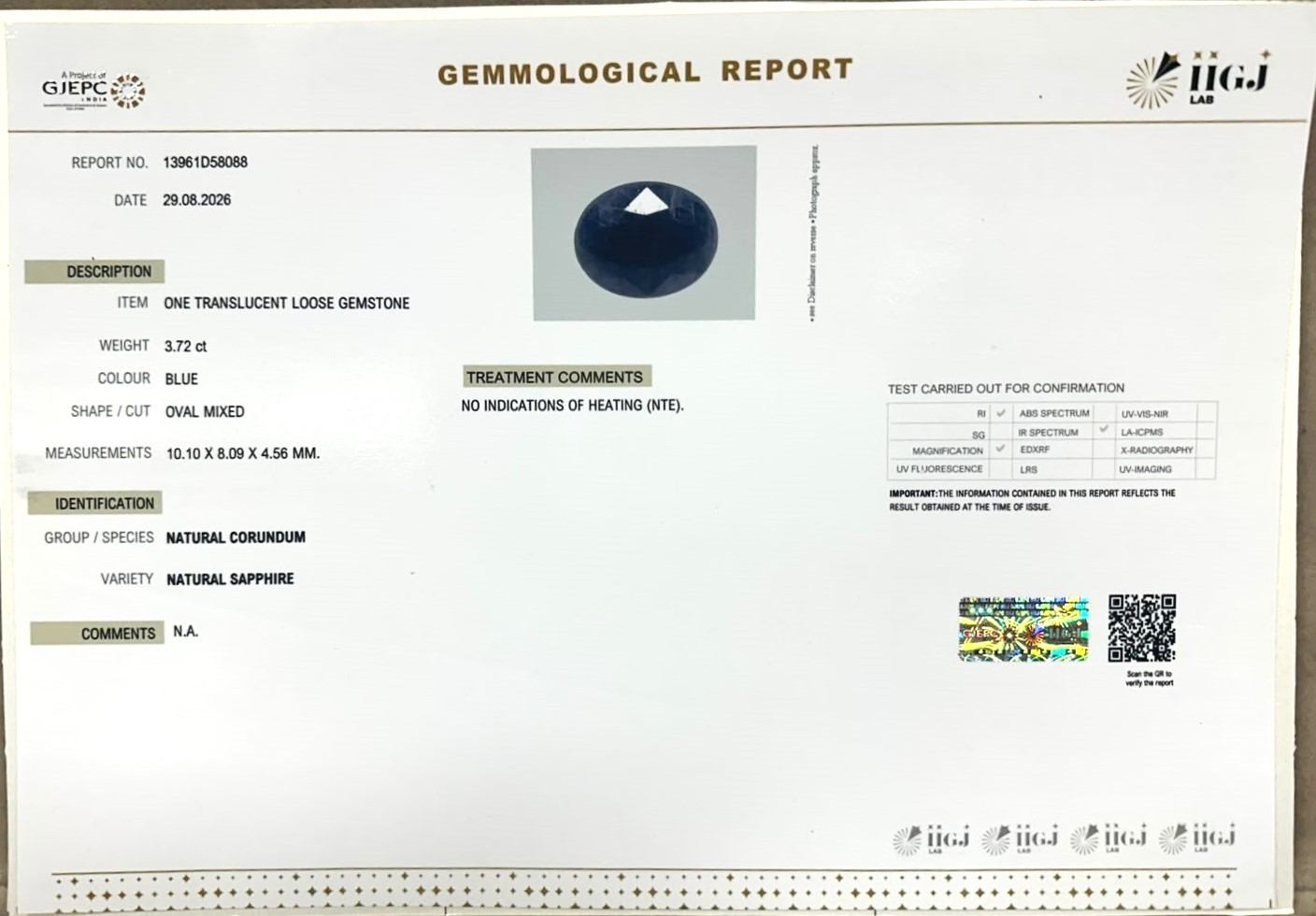 BLUE SAPPHIRE 3.72 Ct.
