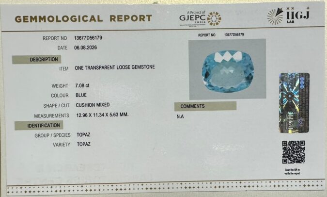 BLUE TOPAZ 7.08 Ct. BLUE TOPAZ 7.08 Ct.