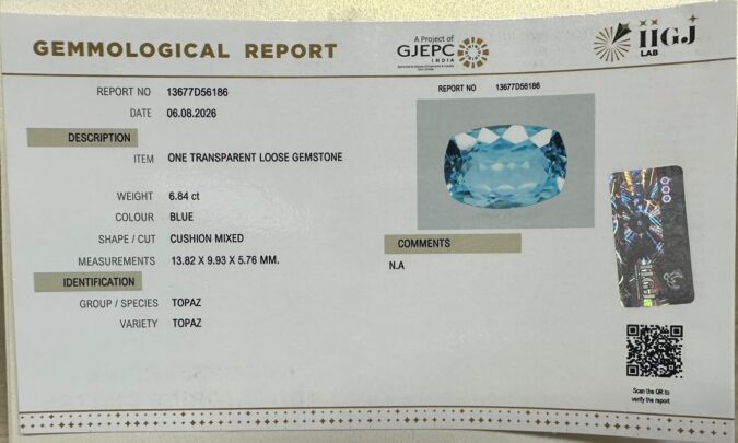BLUE TOPAZ 6.84 Ct. BLUE TOPAZ 6.84 Ct.