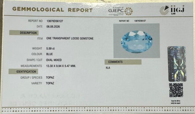 BLUE TOPAZ 5.59 Ct.