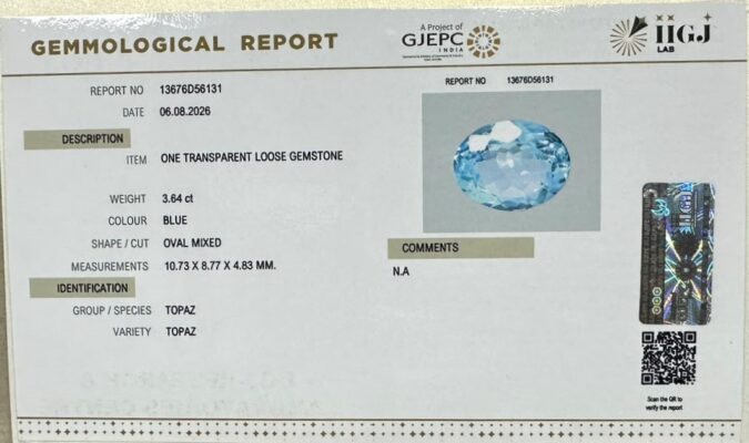 BLUE TOPAZ 3.64 Ct.