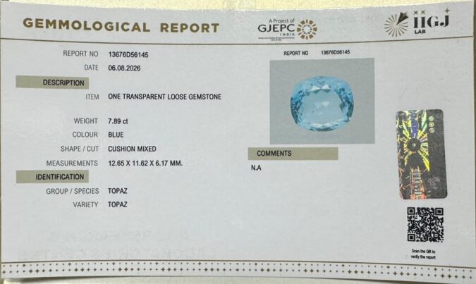 BLUE TOPAZ 7.89 Ct.